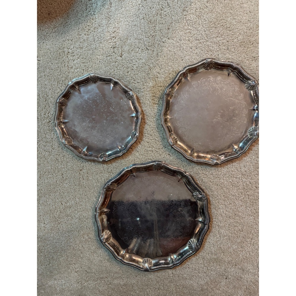 Vintage Silver tone Etched Serving Trays Set of 3 Shell Scalloped Rim